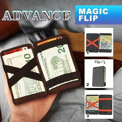 Money clip with dollar bills held by a hand, with 'Advance' and 'Magic Flip' text above.