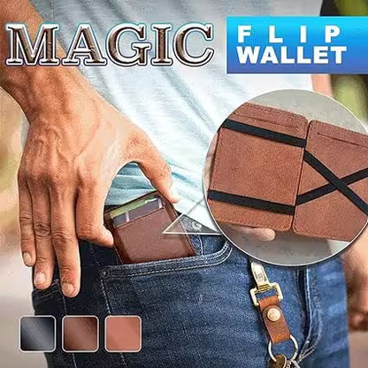 Brown flip wallet with keychain, shown being used and close-up of design.