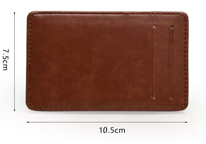 Brown leather wallet with dimensions indicated on a white background