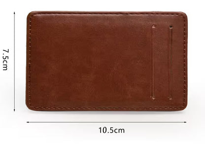 Brown leather wallet with dimensions indicated on a white background
