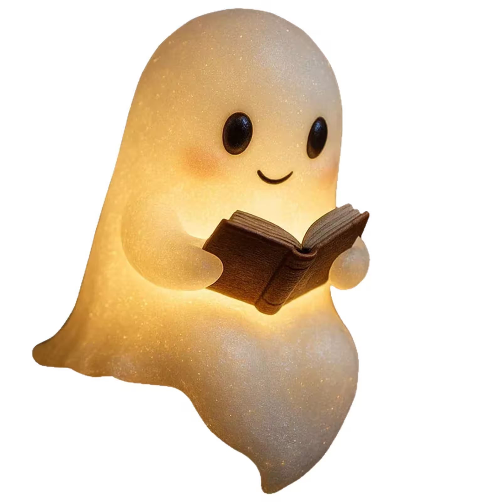 Ghost-shaped night light reading a book on a white background