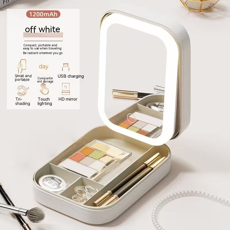 Makeup set with a light-up mirror in a white case on a white background