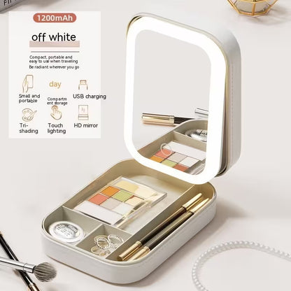 Makeup set with a light-up mirror in a white case on a white background