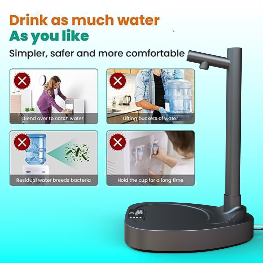 Convenience at Your Fingertips: Forget the days of tilting heavy jugs. This dispenser sits comfortably on your desk or countertop, with a universal design that fits most standard 2, 3, 4, and 5-gallon water bottles.