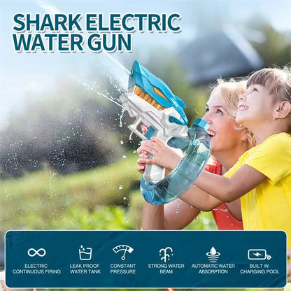 Children playing with a shark electric water gun outdoors