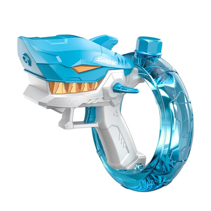 Toy blaster with blue and white design on a white background