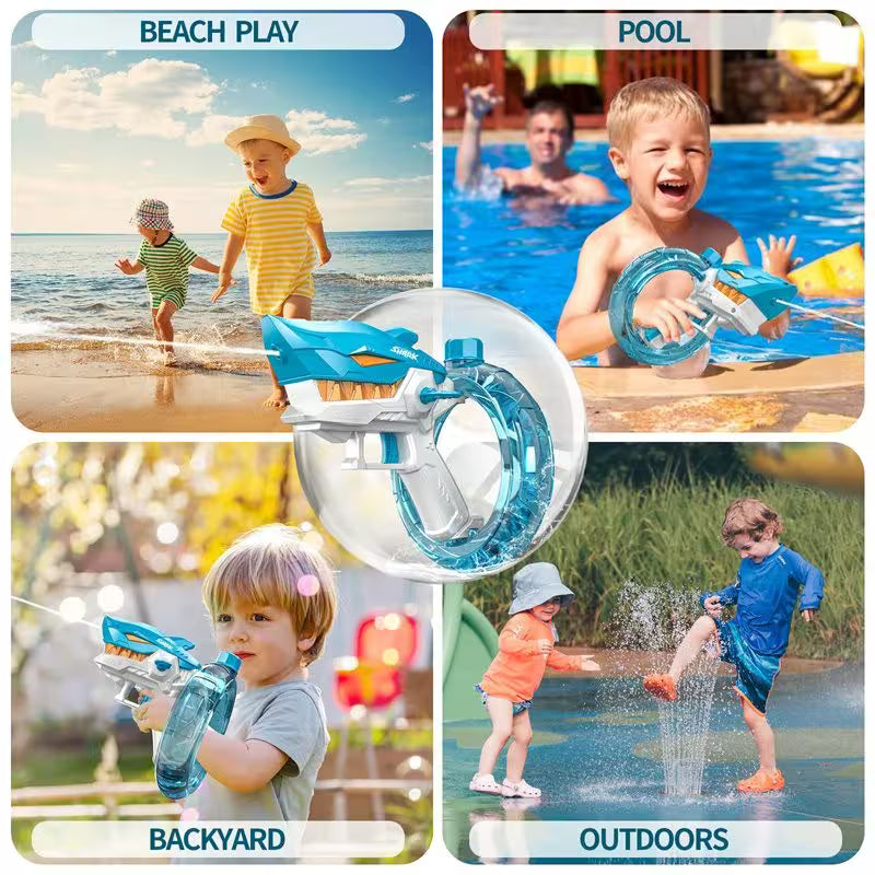 Collage of children playing outdoors with a water gun, including beach, pool, backyard, and outdoor settings.