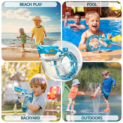 Collage of children playing outdoors with a water gun, including beach, pool, backyard, and outdoor settings.