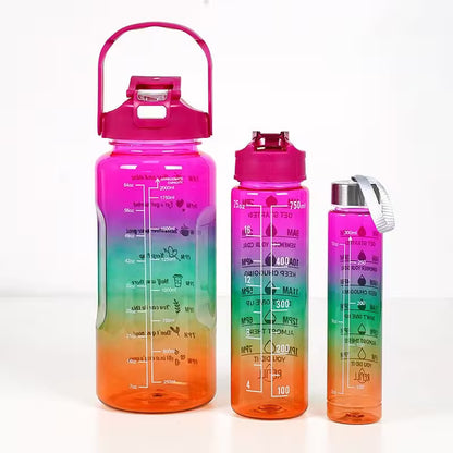 Gradient water bottles with measurement markings on a white background