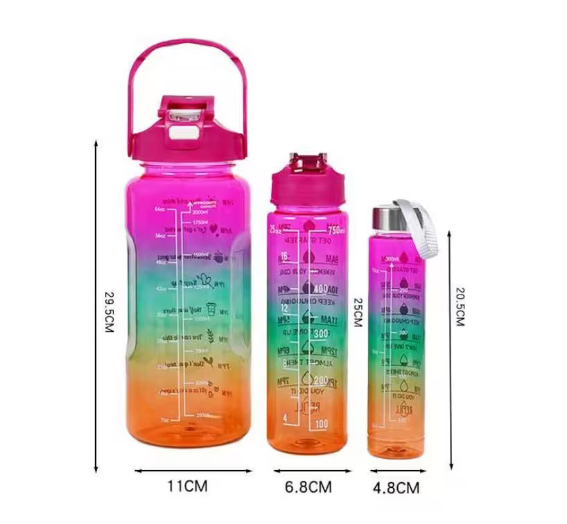 Gradient-colored water bottles with measurements and dimensions on a white background