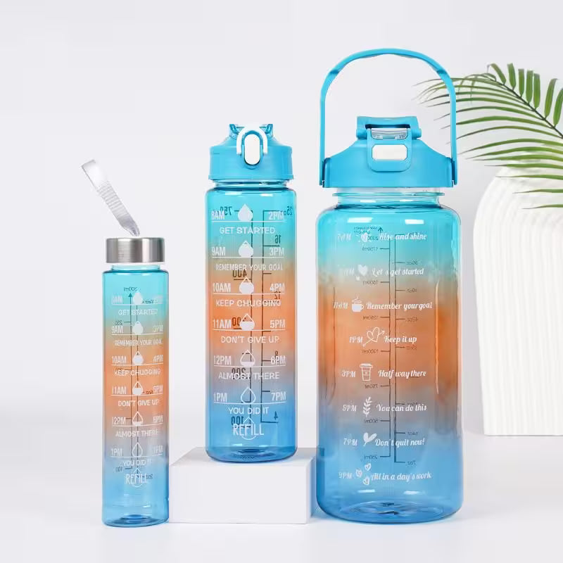 Gradient blue and orange water bottles with motivational text on a white background