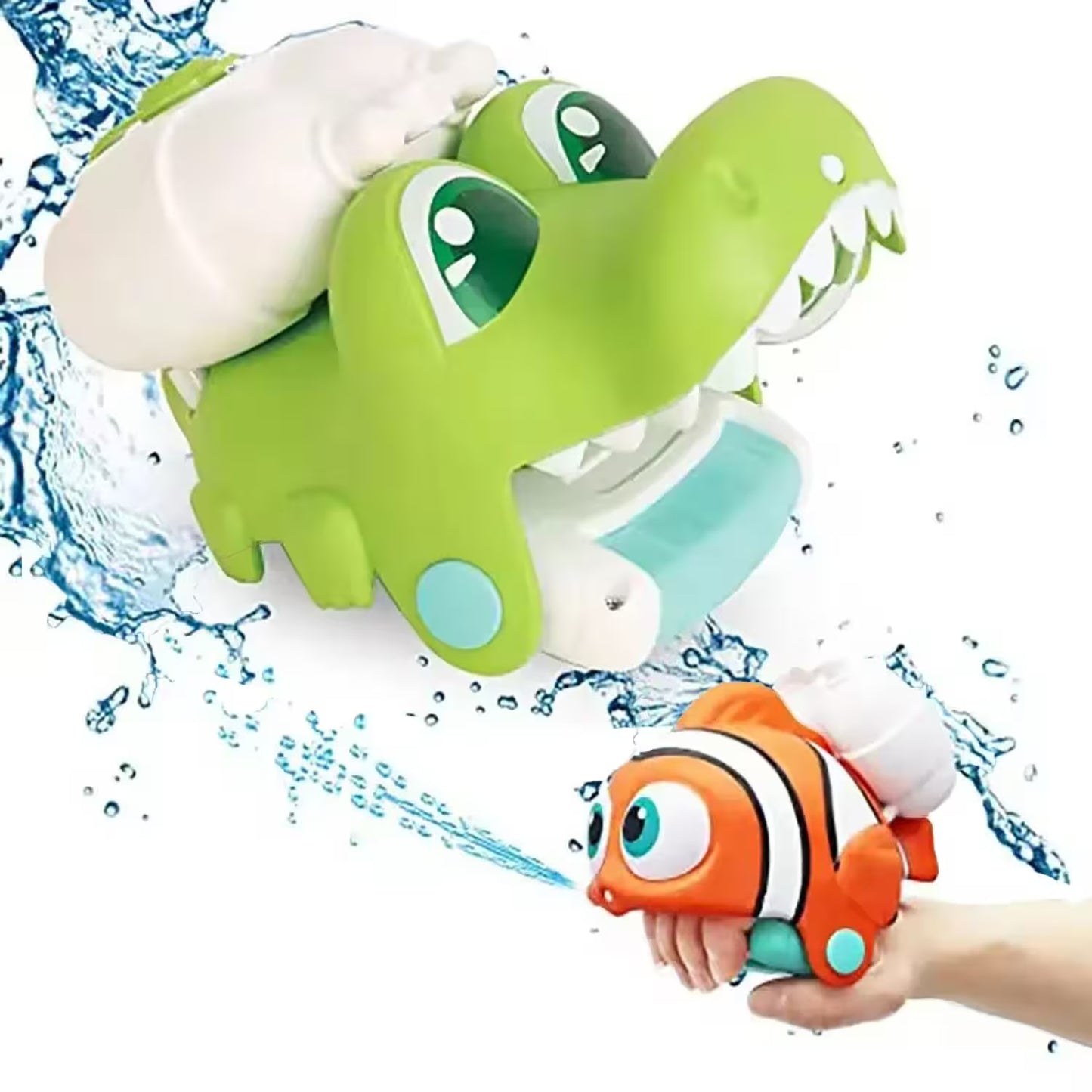 Green dinosaur and orange fish bath toy with water splashes on a white background