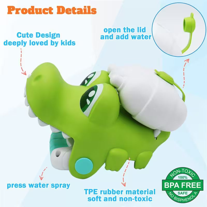 Green dinosaur-shaped toy with water spray feature on a light blue background