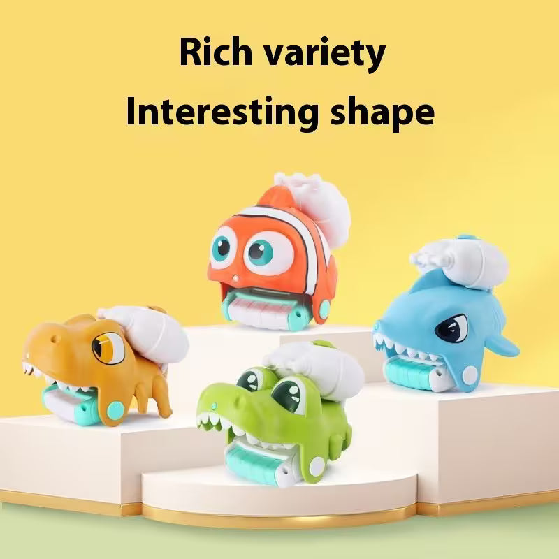 Four colorful toy figures on a stand with a yellow background