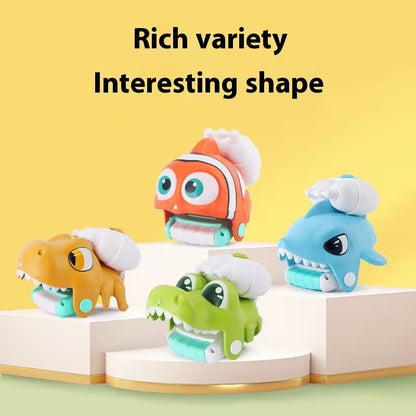 Four colorful toy figures on a stand with a yellow background