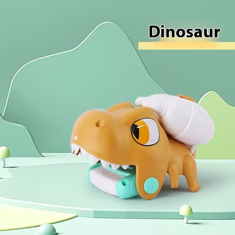 Toy dinosaur with a child on its back against a green background