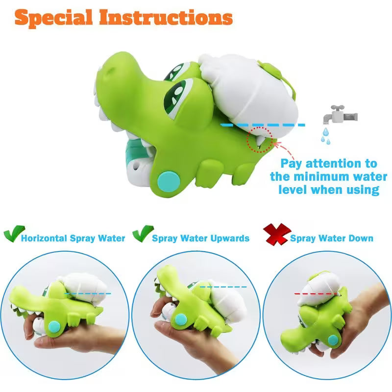 Green and white toy crocodile with water spray instructions on a white background