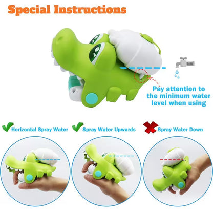 Green and white toy crocodile with water spray instructions on a white background