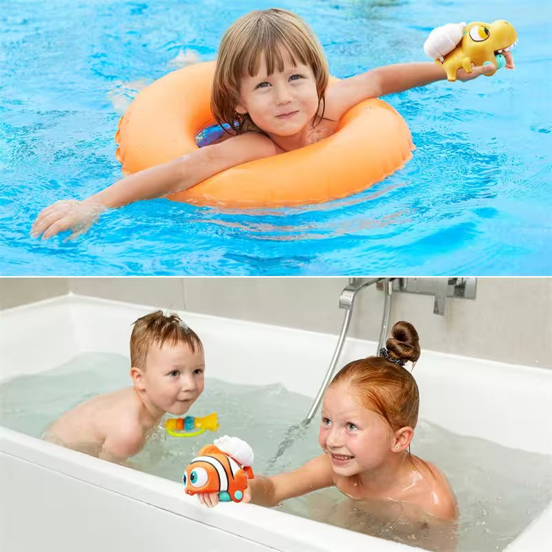 Top: Child with orange inflatable ring and toy in pool. Bottom: Two children playing with toys in bathtub.