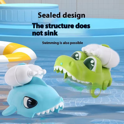 Two toy animals, a shark and a crocodile, with sealed design features in a pool.