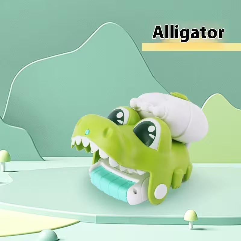 Toy alligator with a child on its back against a light green background