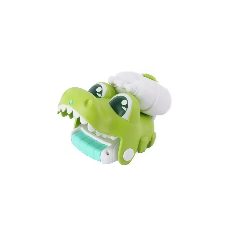 Green toy alligator with a white hat on a white background