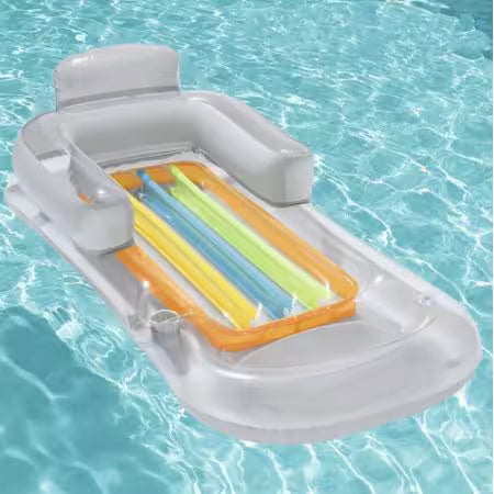 Inflatable pool float with colorful躺着区 on a clear blue water background