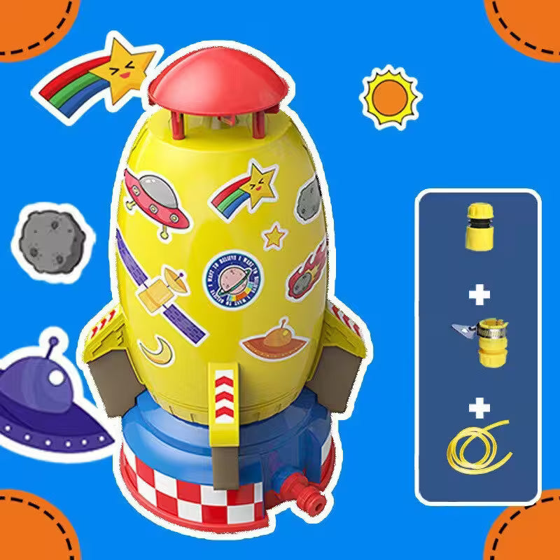 Toy rocket with stickers on a blue background with space-themed elements
