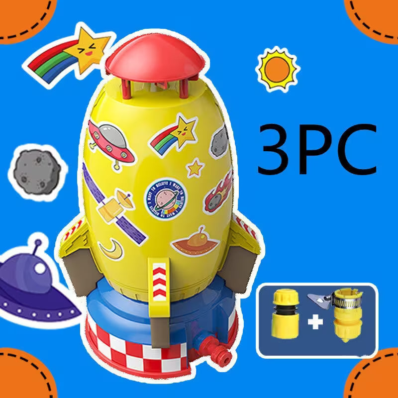 Toy rocket with stickers on a blue background with space-themed graphics
