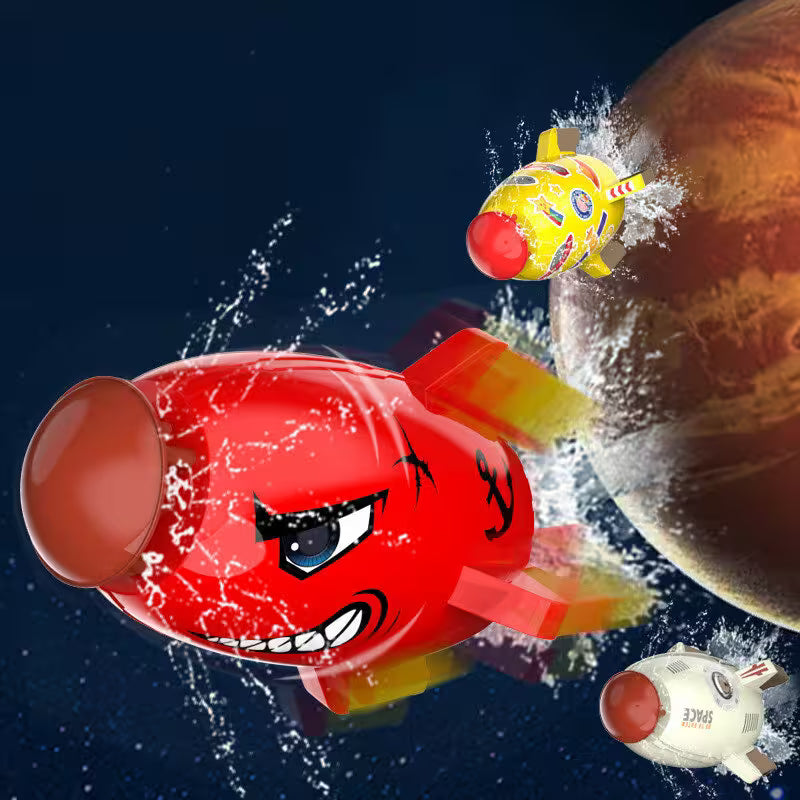 Cartoonish red and yellow spacecrafts in space with a planet in the background