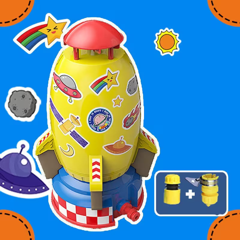 Toy rocket with stickers on a blue background with space-themed graphics