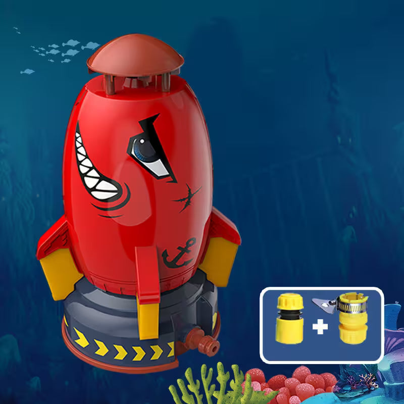 Red toy robot with a face on an underwater background
