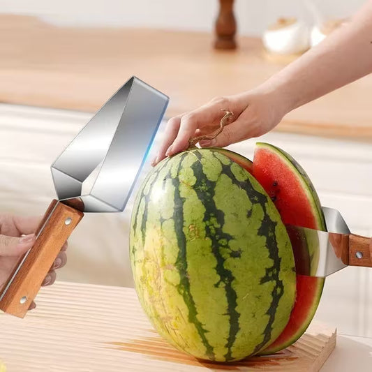 Person cutting a watermelon with a special knife on a wooden cutting board.