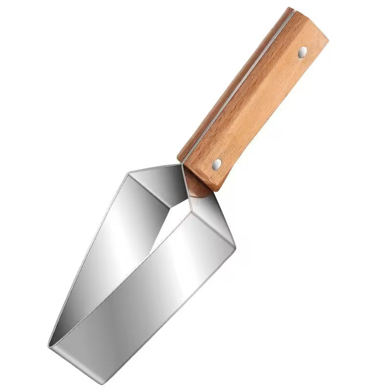 Metal trowel with wooden handle on a white background