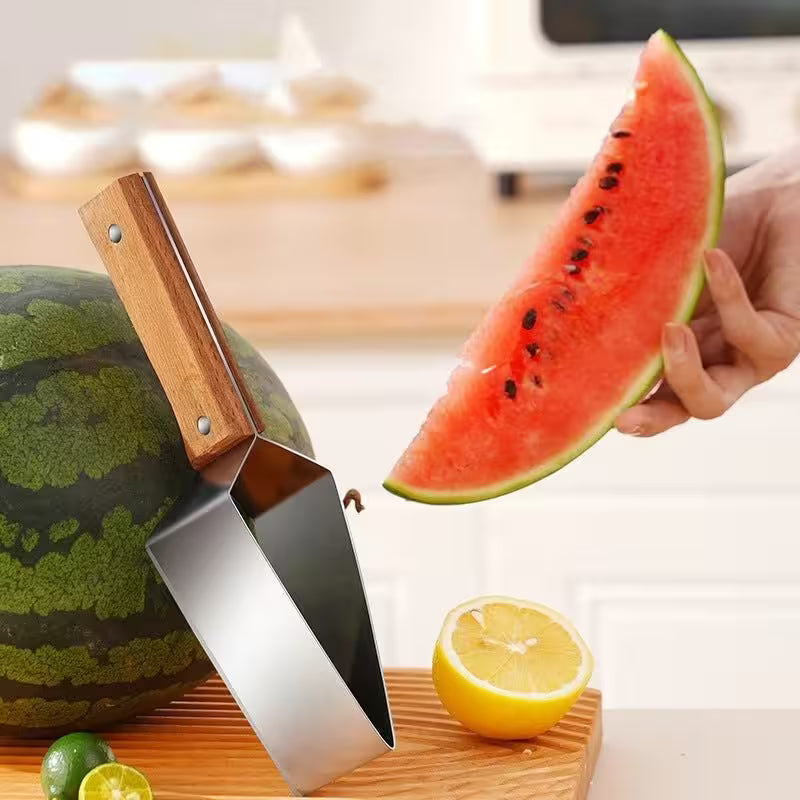 Watermelon slicer with a sliced watermelon and lemon on a wooden board.