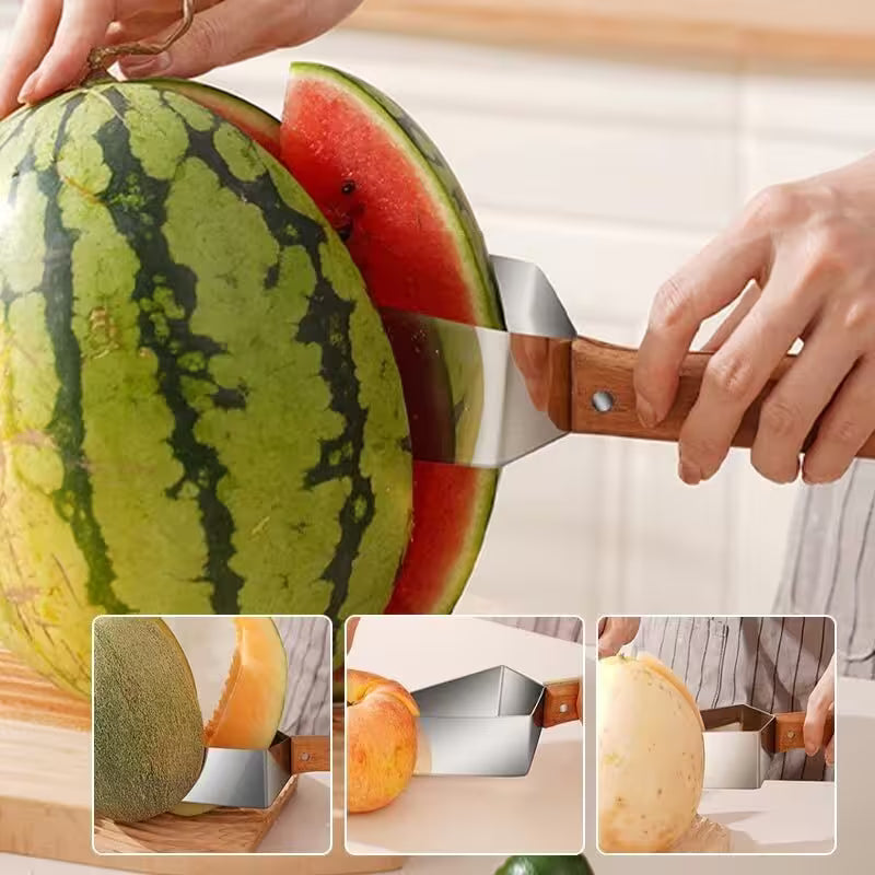 Person cutting a watermelon with a melon knife on a wooden cutting board.