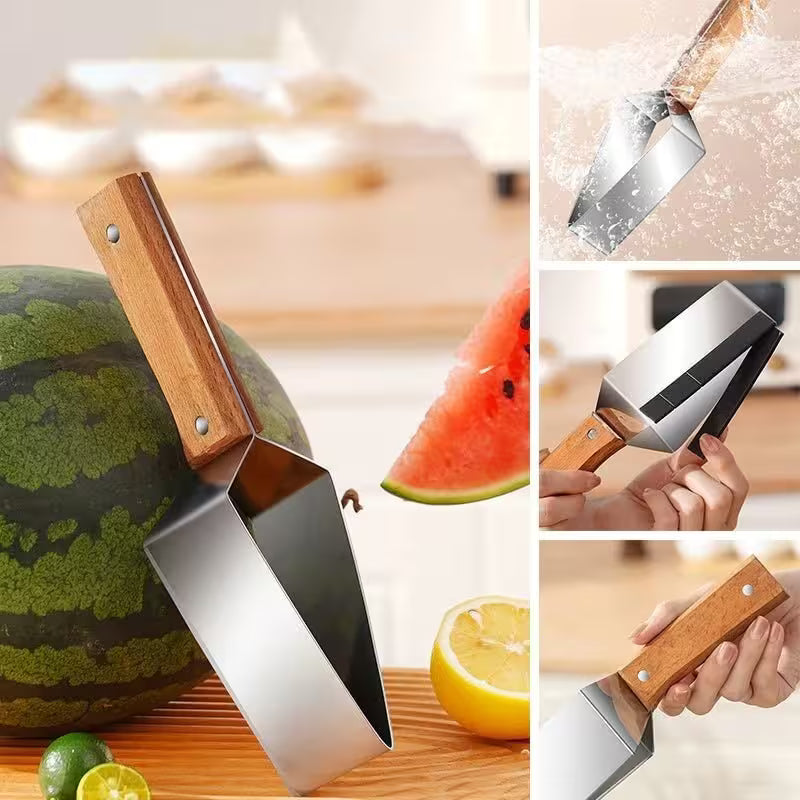 Multifunctional kitchen tool with wooden handle and metal blade used for cutting watermelon and other tasks.