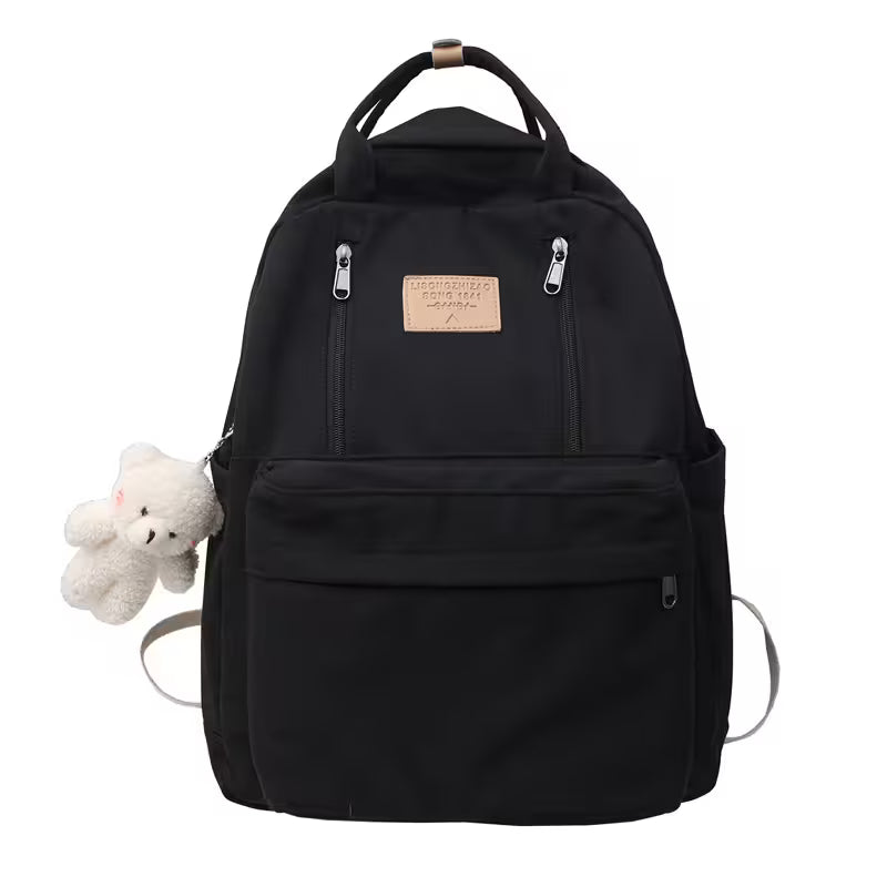 Waterproof School Bags With Bear Pendant | Multi-Pocket Nylon Laptop Bag | Mesh Interior & Quilted Straps