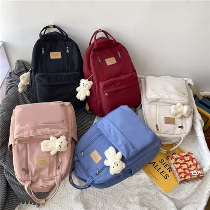Waterproof School Bags With Bear Pendant | Multi-Pocket Nylon Laptop Bag | Mesh Interior & Quilted Straps
