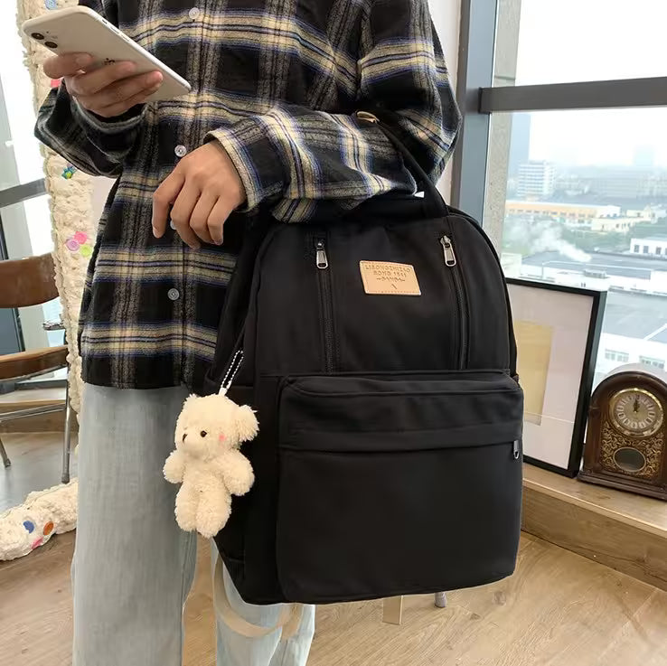 Waterproof School Bags With Bear Pendant | Multi-Pocket Nylon Laptop Bag | Mesh Interior & Quilted Straps
