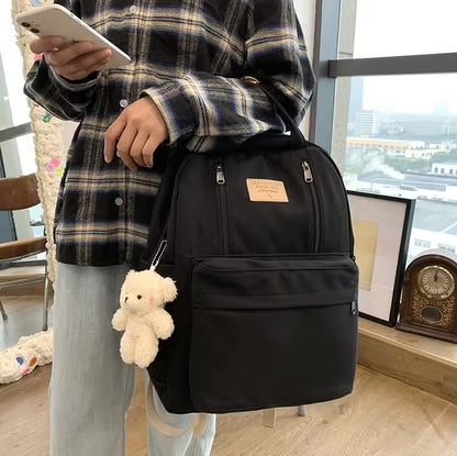 Waterproof School Bags With Bear Pendant | Multi-Pocket Nylon Laptop Bag | Mesh Interior & Quilted Straps