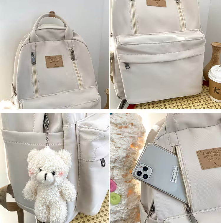 Waterproof School Bags With Bear Pendant | Multi-Pocket Nylon Laptop Bag | Mesh Interior & Quilted Straps