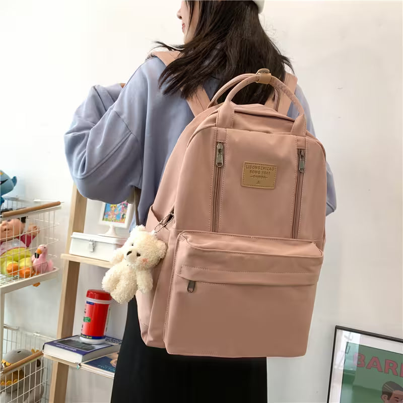 Waterproof School Bags With Bear Pendant | Multi-Pocket Nylon Laptop Bag | Mesh Interior & Quilted Straps