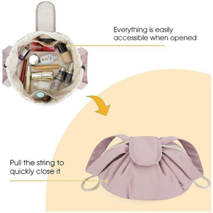 Cosmetic bag with products and instructions on opening and closing.