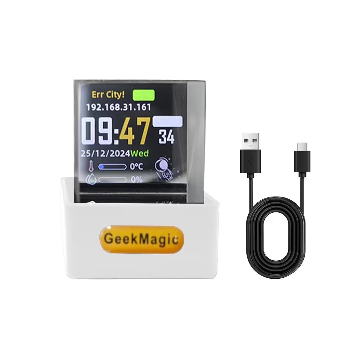Digital display device with USB cable on a white background, featuring the brand 'GeekMagic'.