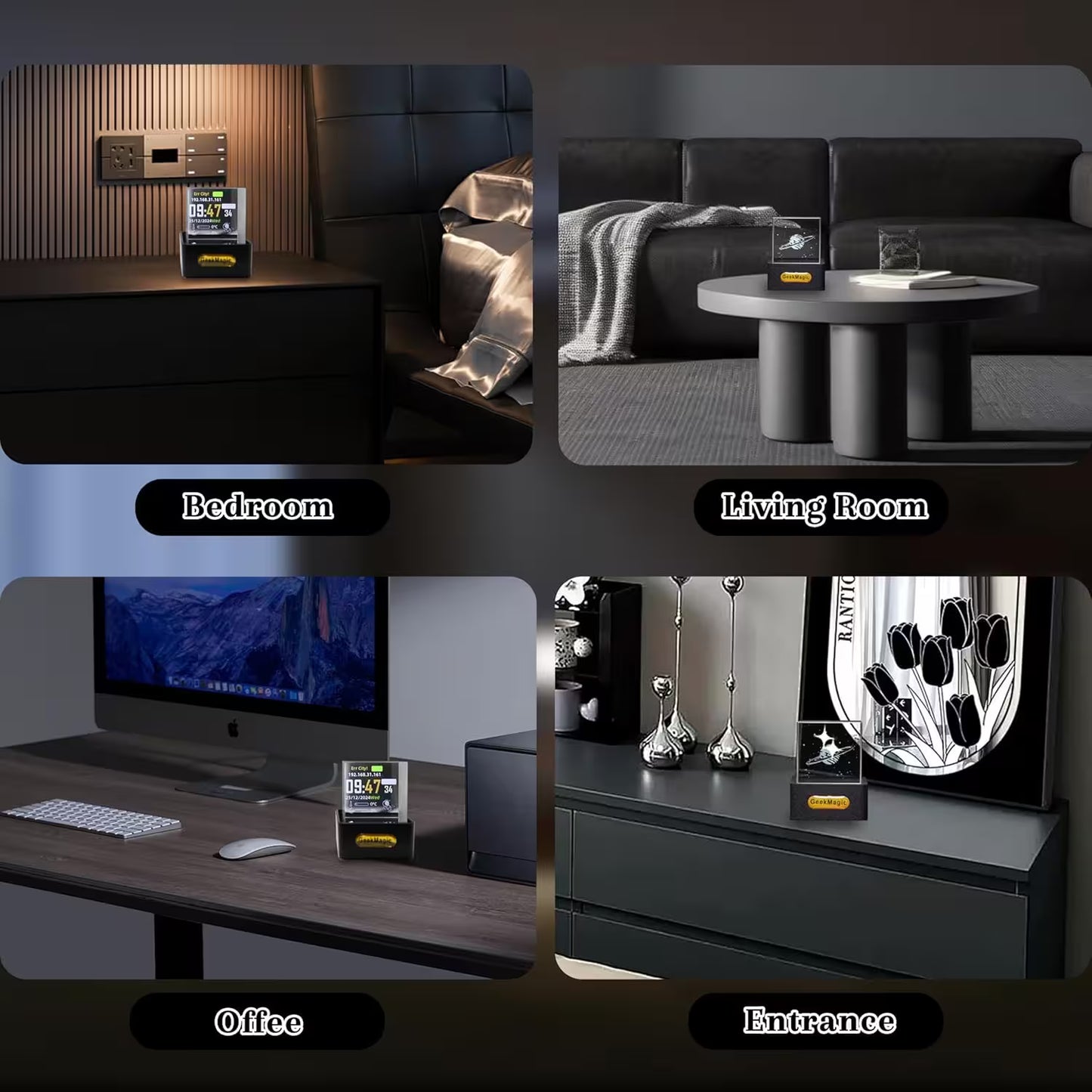 Collage of a product on different surfaces in various rooms labeled 'Bedroom', 'Living Room', 'Office', and 'Entrance'.