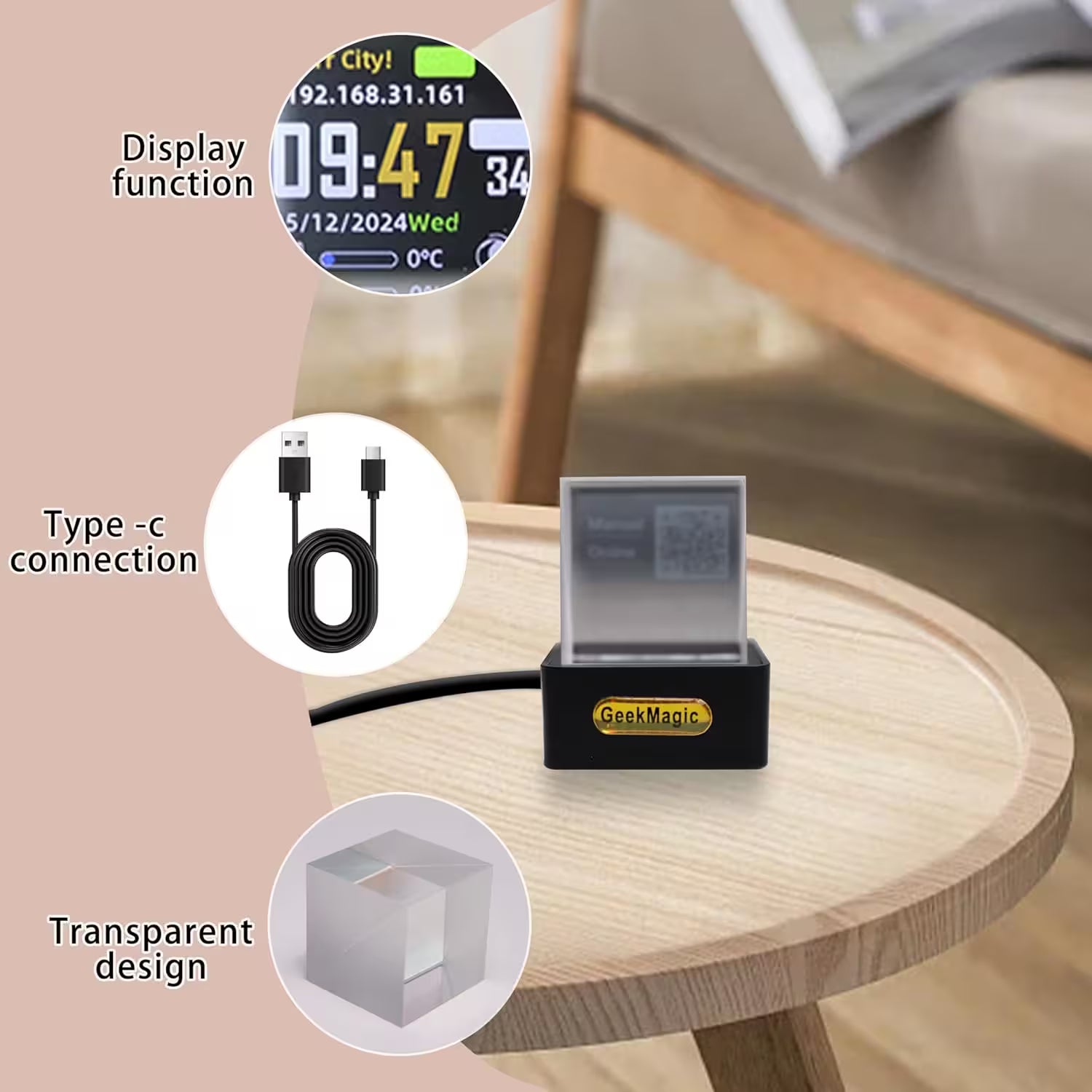 Geek Magic display device on a wooden table with text highlighting display function, type-c connection, and transparent design.