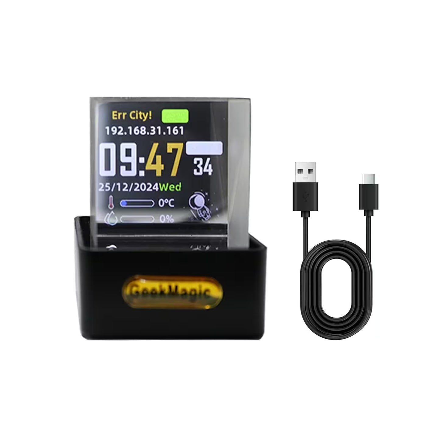 Digital display device with USB cable on a white background, featuring the brand 'GeekMagic'.