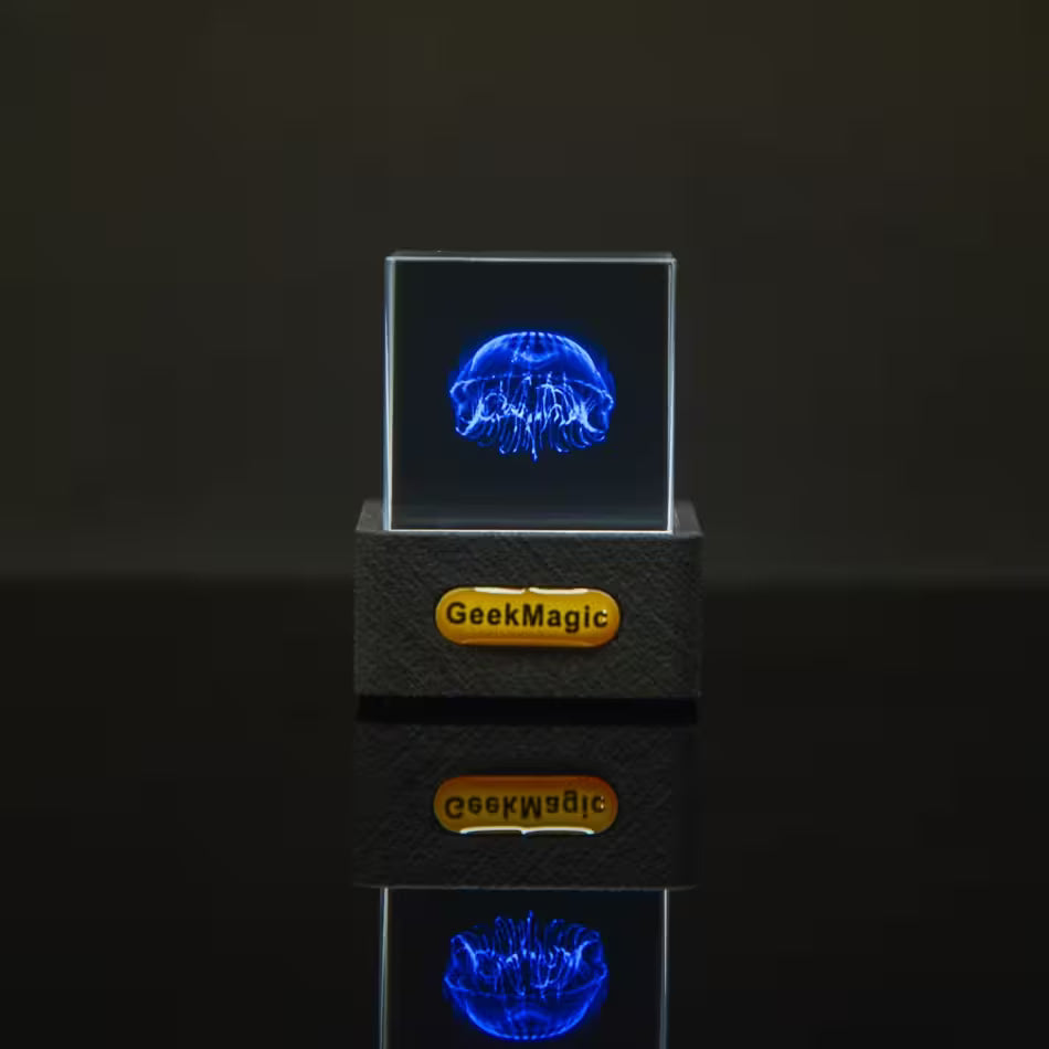 GeekMagic LED display with jellyfish design on a dark background