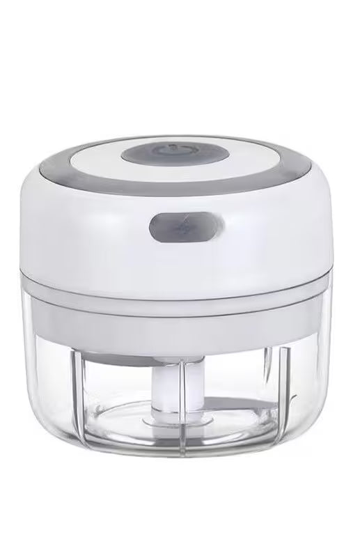 Small white and gray kitchen chopper on a white background